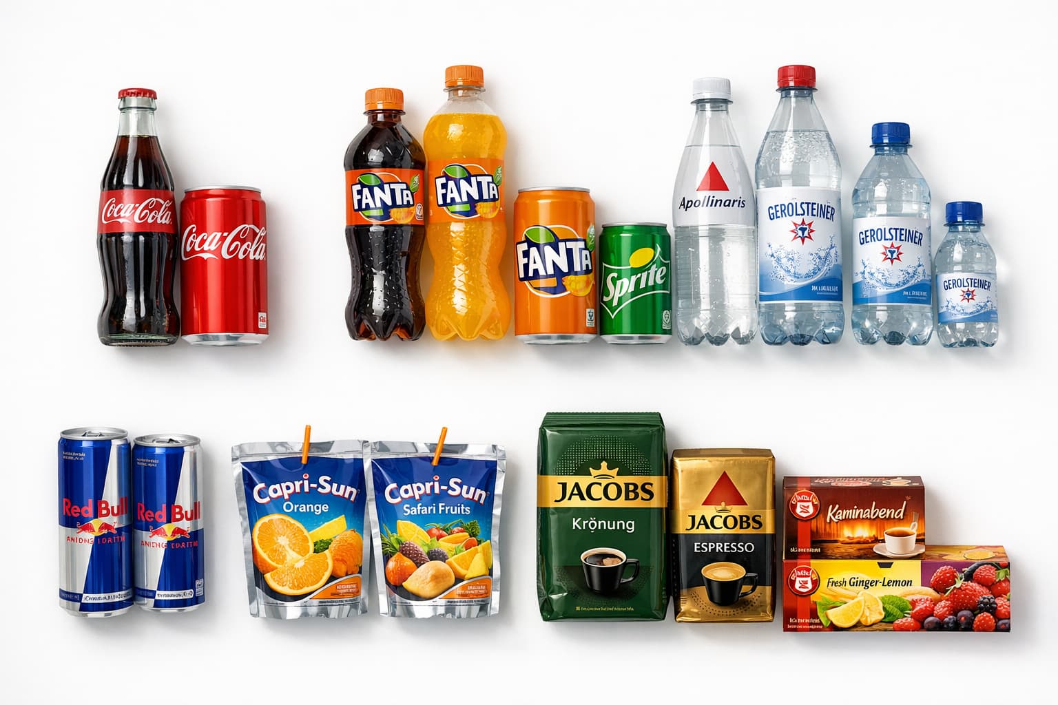 Bekannte deutsche Getränkemarken: Coca-Cola, Fanta, Apollinaris, Gerolsteiner, Red Bull, Capri-Sun