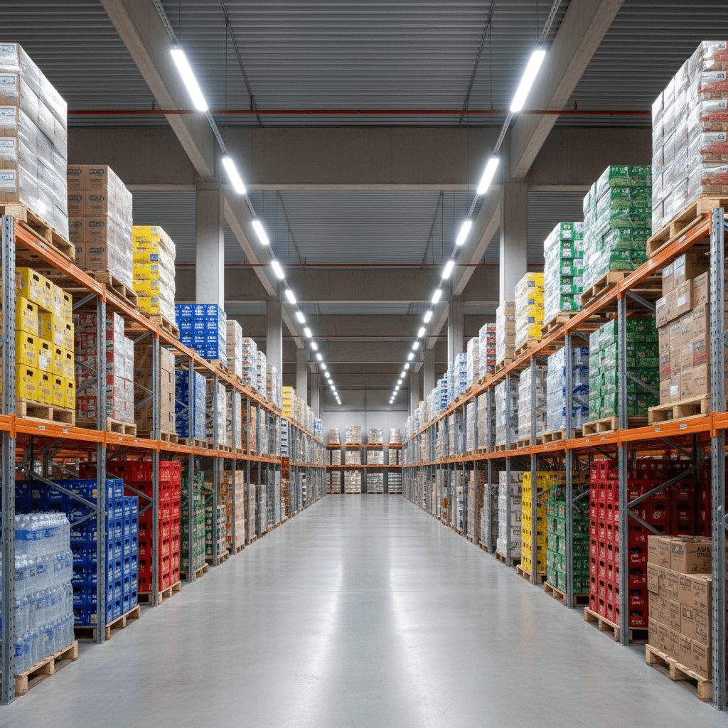 Organisierte Lagerfläche mit gestapelten Paletten und Produktkisten