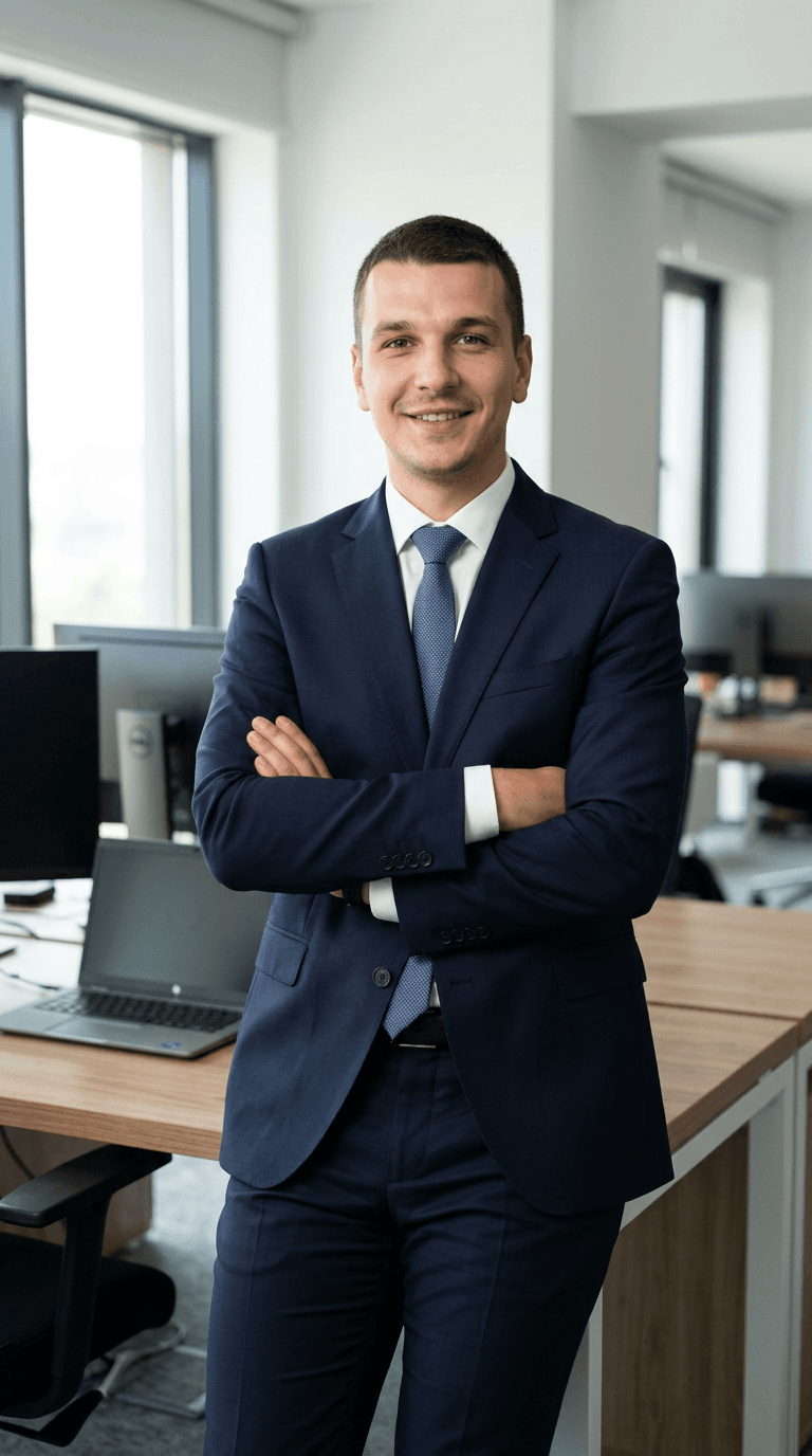 Lächelnder Geschäftsmann im blauen Anzug mit verschränkten Armen vor einem Schreibtisch in einem hellen Büro.